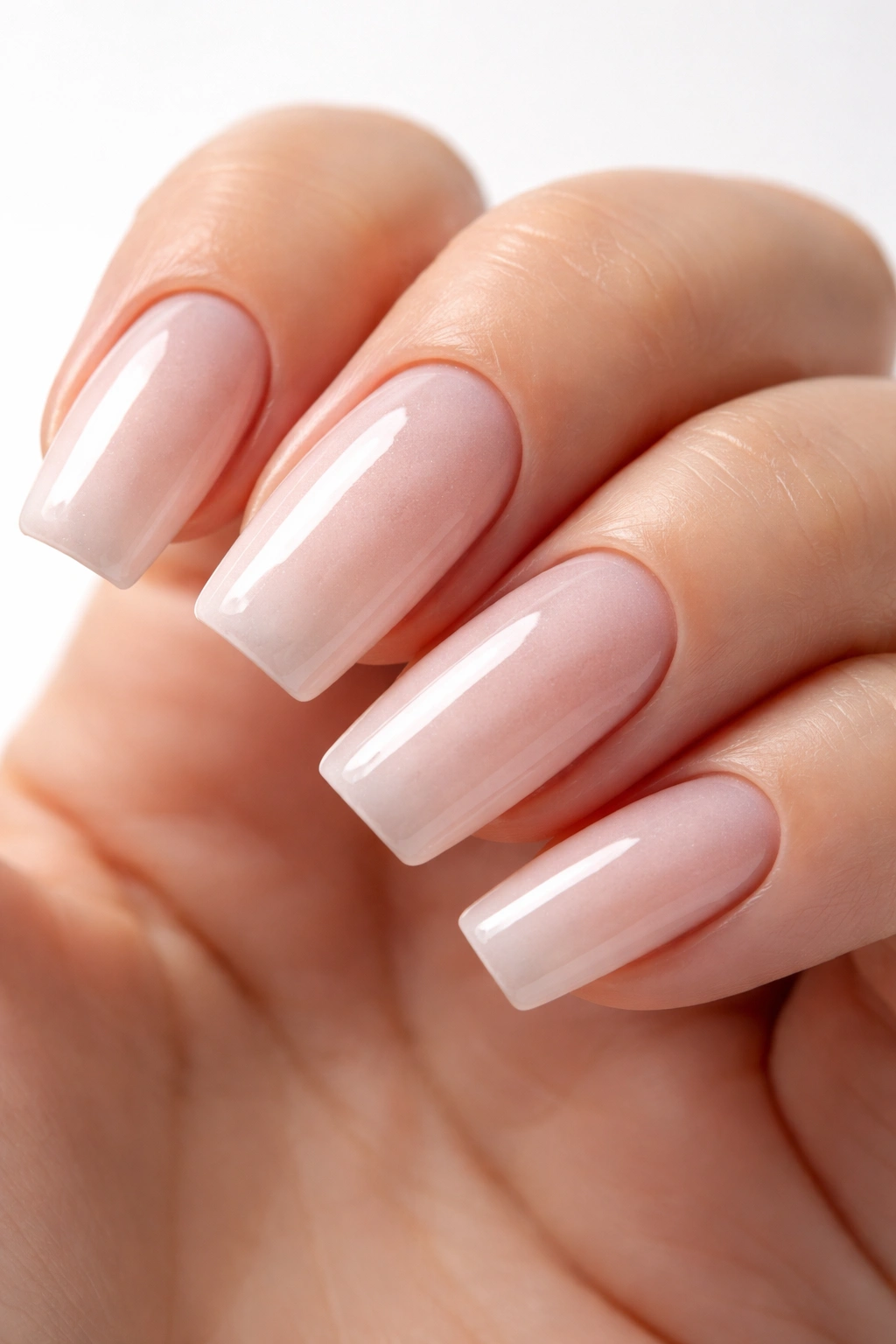 Close-up of a hand showing thick SNS powder-coated nails with a glossy finish
