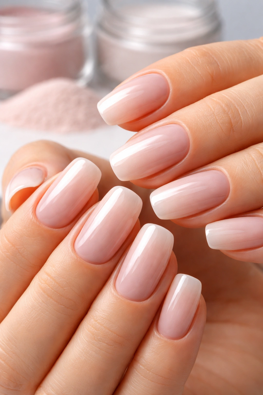 Close-up of hands with thick, durable SNS-style nails.