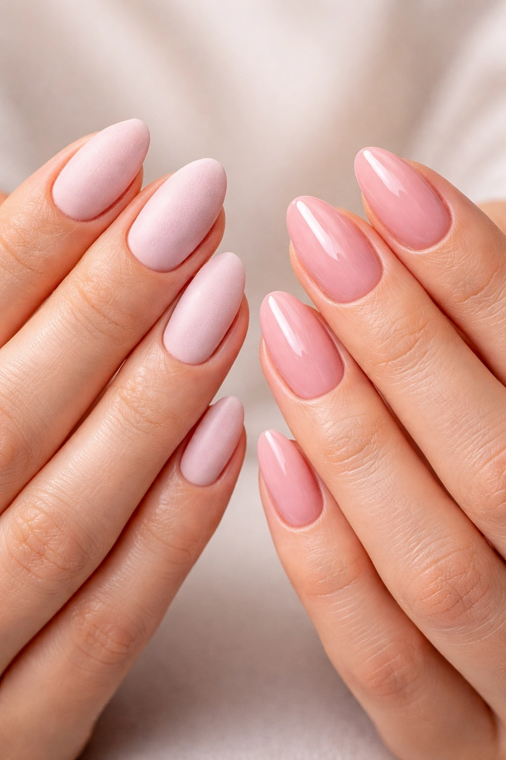 Close-up of two hands with SNS-style powder nails on left and gel nails on right
