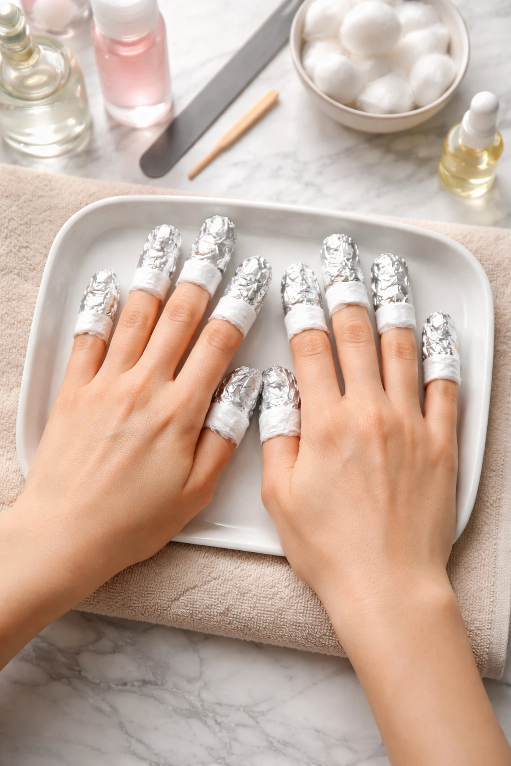 Nails wrapped in foil with acetone-soaked pads for soaking removal