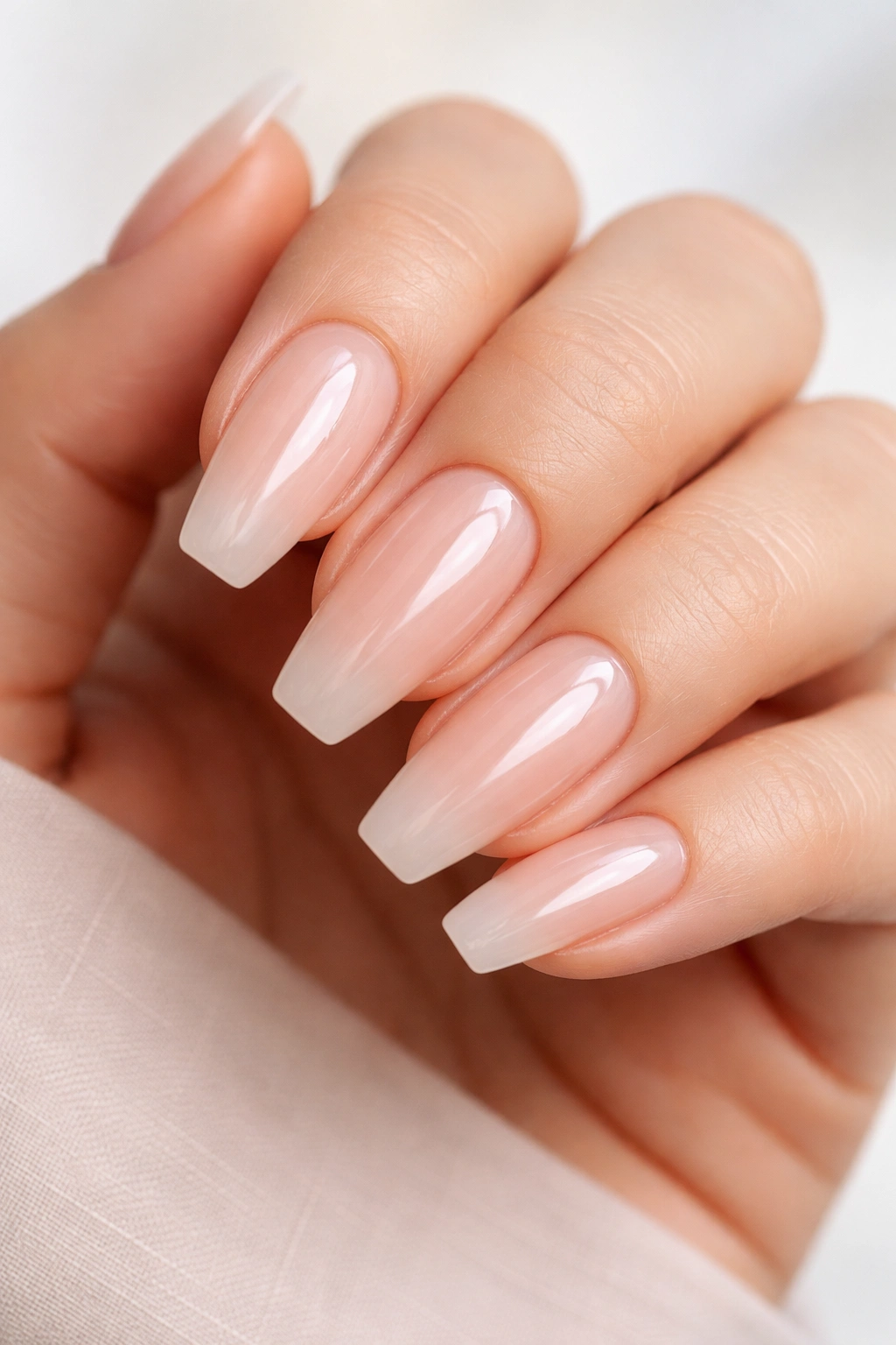 Close-up of soap finish minimalist ballerina nails with translucent pink-beige polish