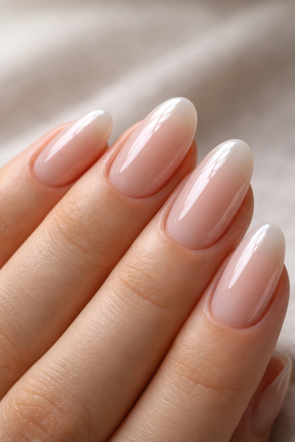 Close-up of soap nail sheen on short almond nails with high-gloss translucent base