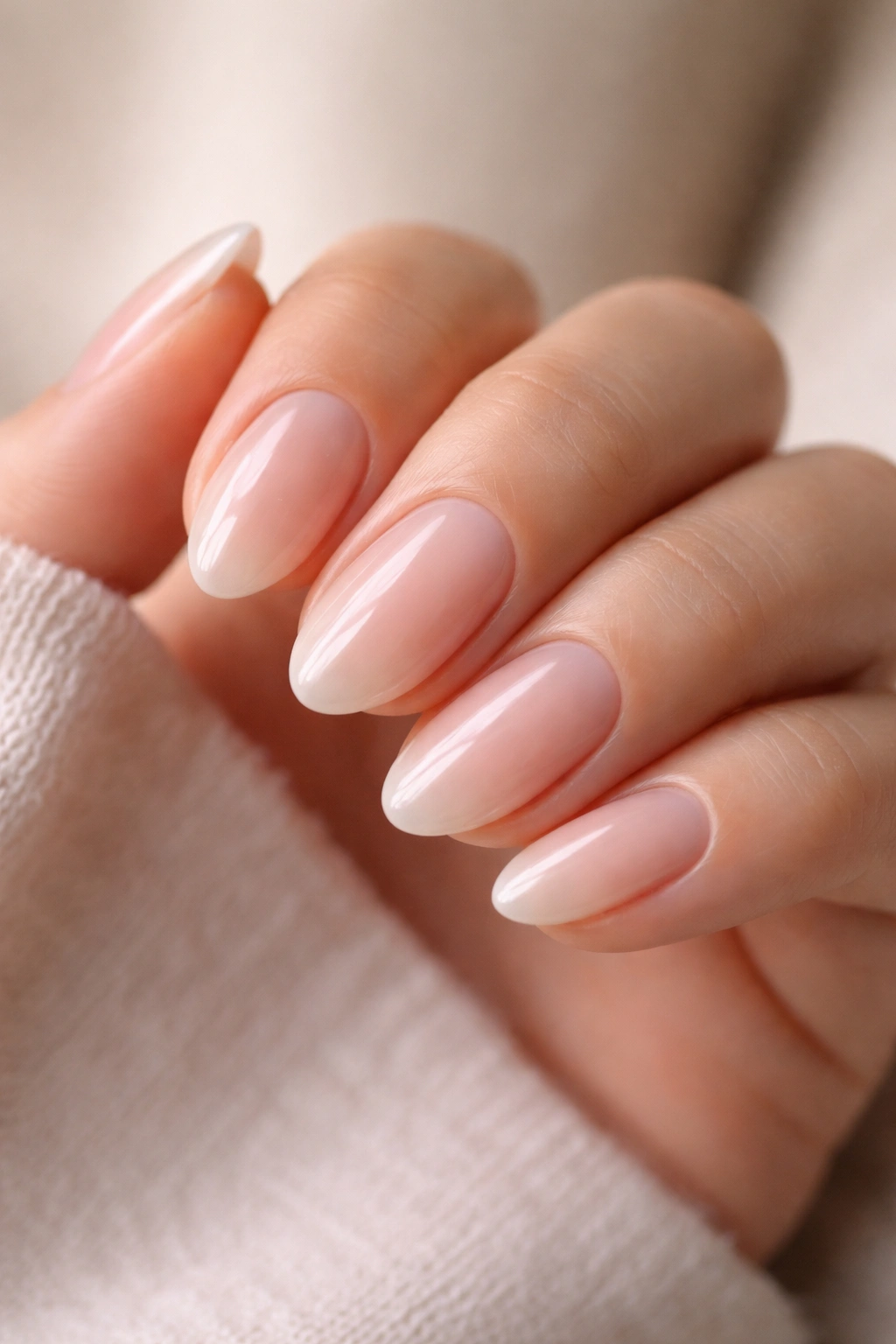 Close-up of glossy translucent soap nails on short almond shape