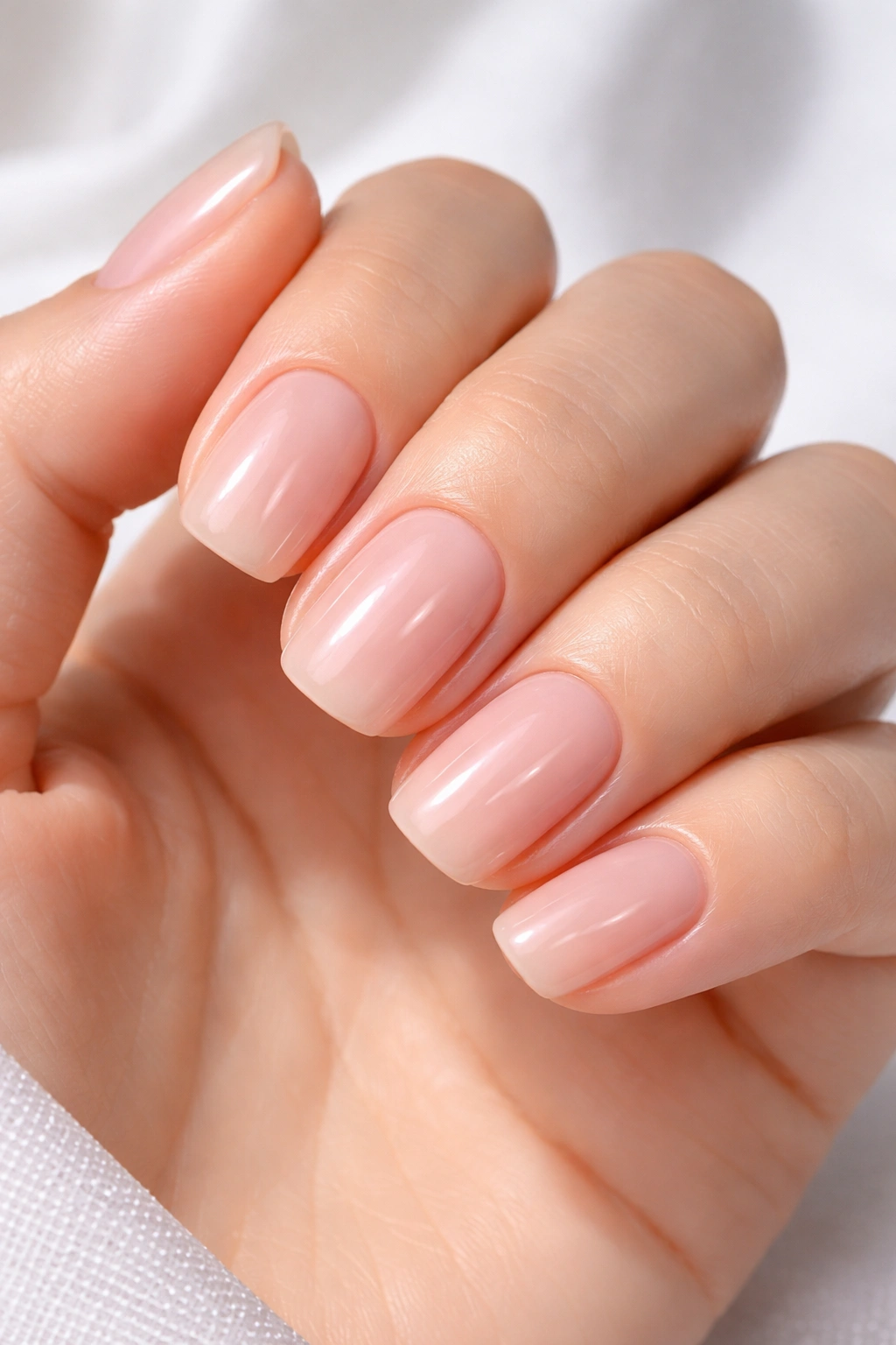 Close-up nails with milky pink soap manicure and perfect cuticles
