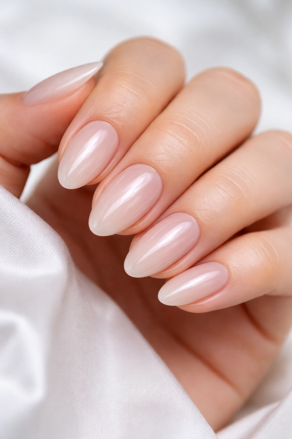 Close-up of short almond nails with a translucent soap-nail look and glaze finish