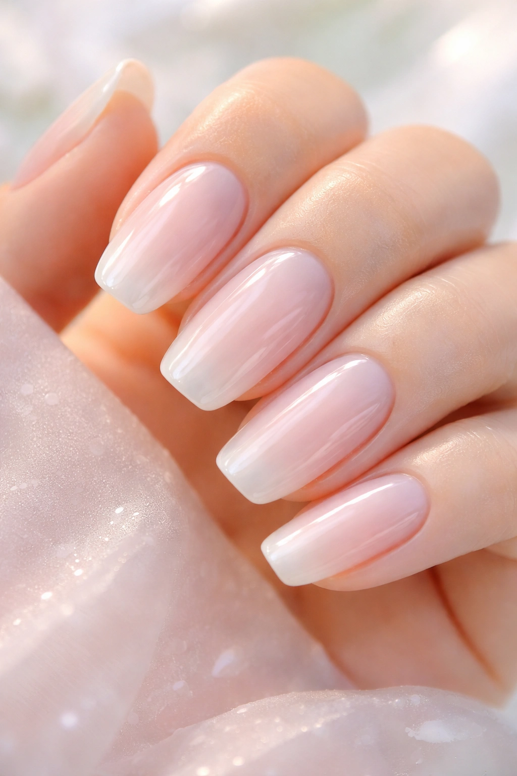 Close-up of milky translucent soap nails with a glossy glass-like finish