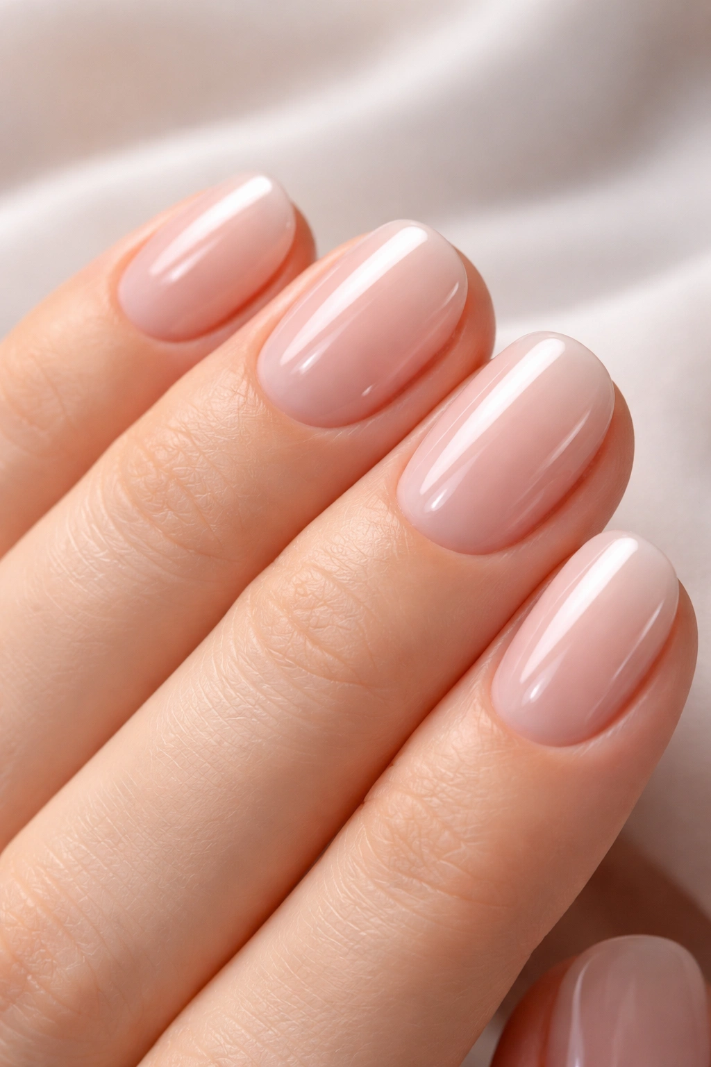 Shiny sheer milky pink soap nails on short nails