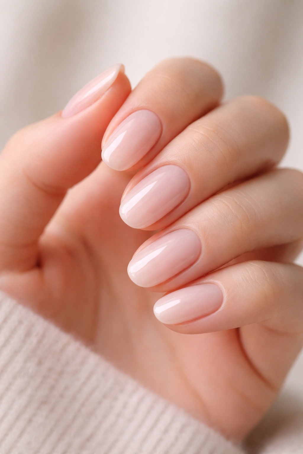 Close-up of short oval nails with glossy translucent pink nude polish