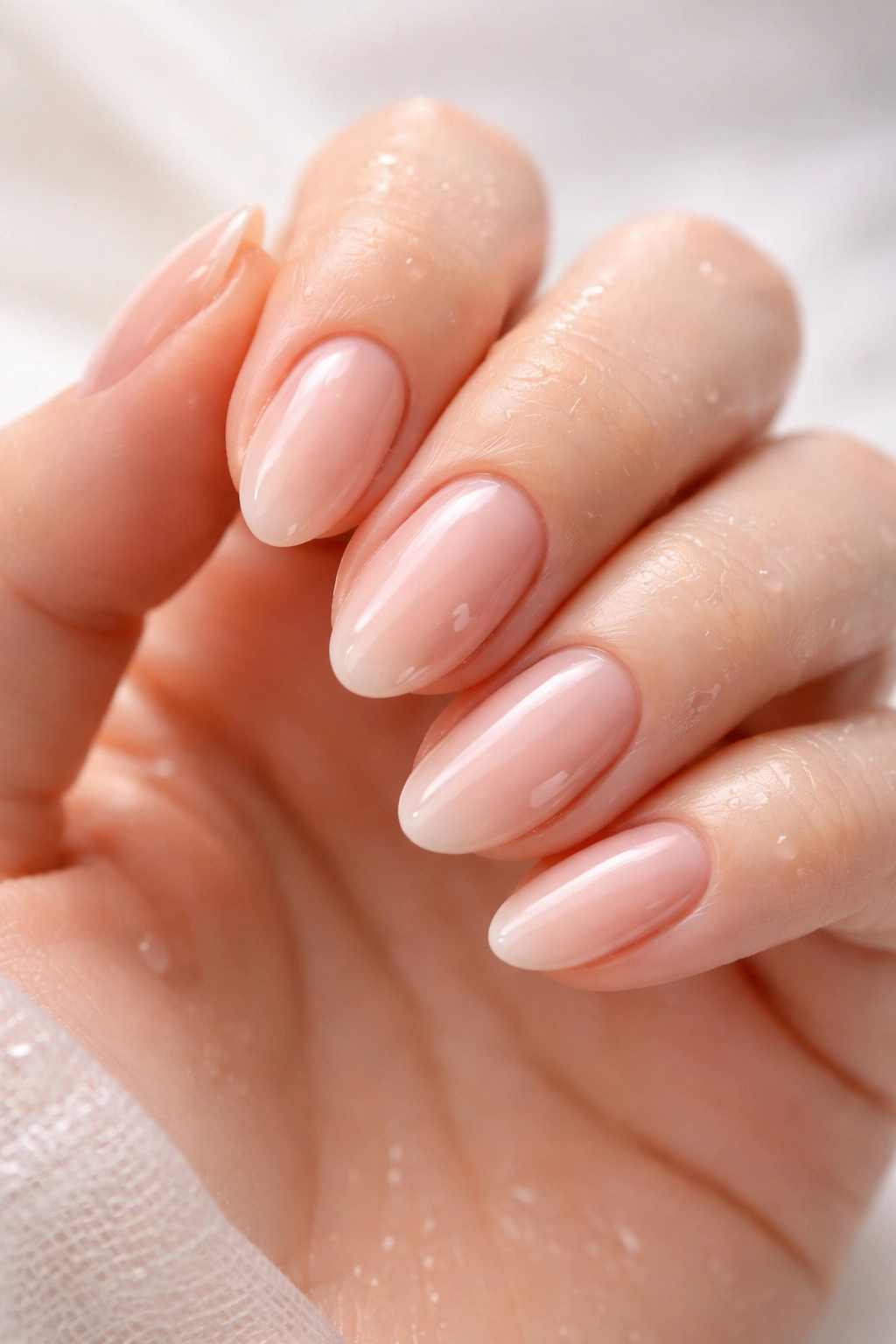 Close-up of soap nails on short almond shape with high gloss