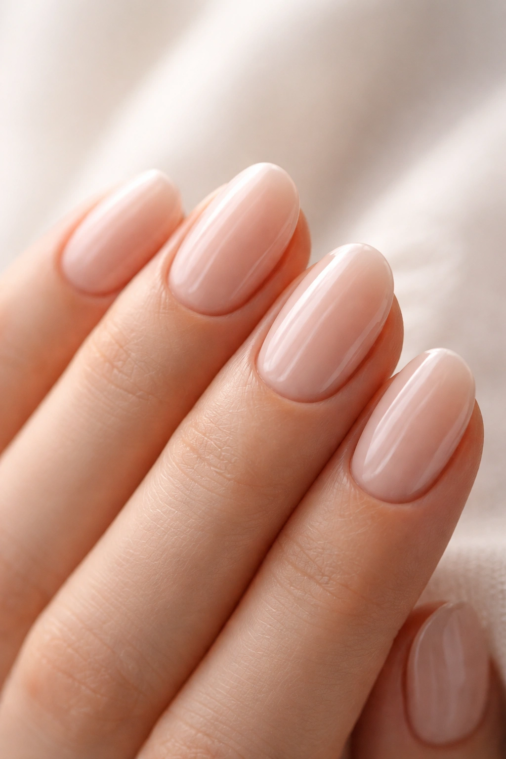 Close-up of short oval nails with translucent nude-pink soap nail finish