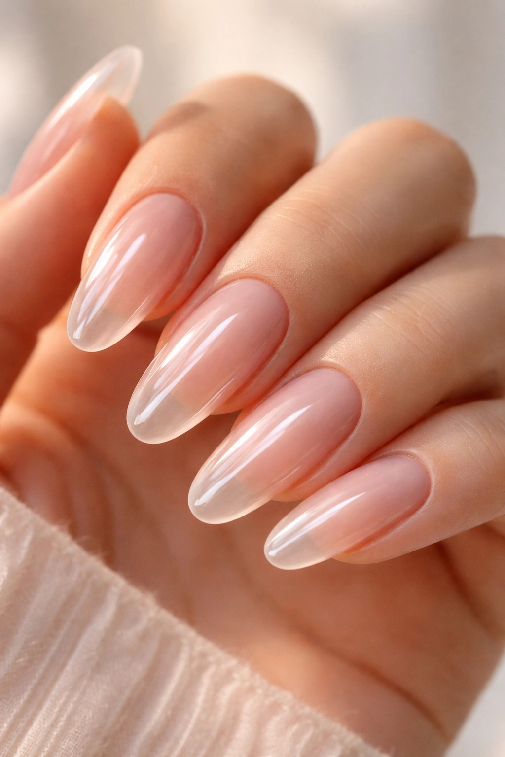 Glossy translucent long oval acrylic nails with soap-like sheen