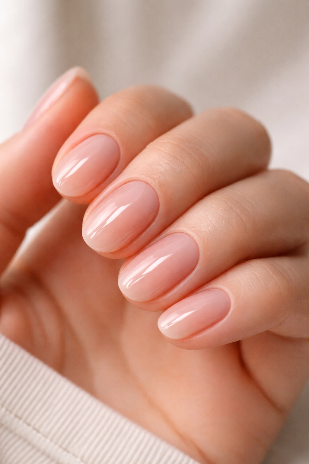 Close-up of short oval nails with translucent pink-beige polish and high gloss finish
