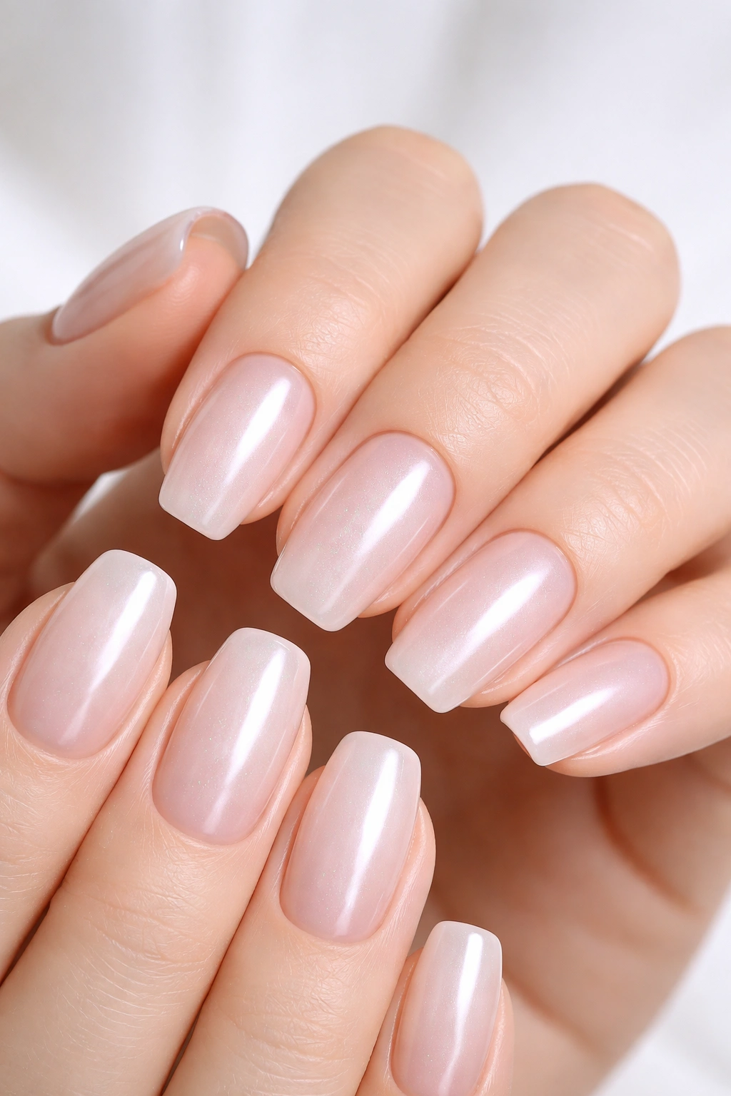 Close-up of short soap pearl ballerina nails with translucent pink-beige base