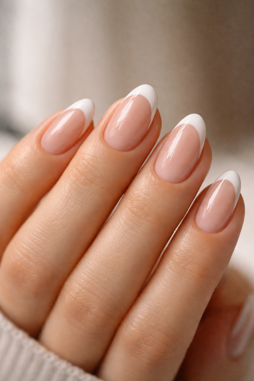 Close-up of short almond nails with curved white French tips on sheer base