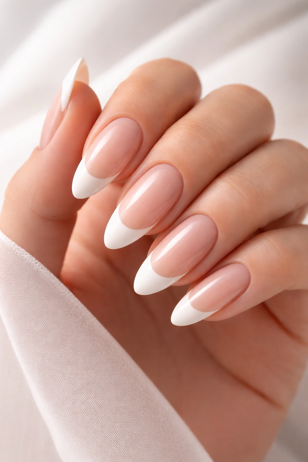 Soft almond-shaped nails with white French tips on a nude base