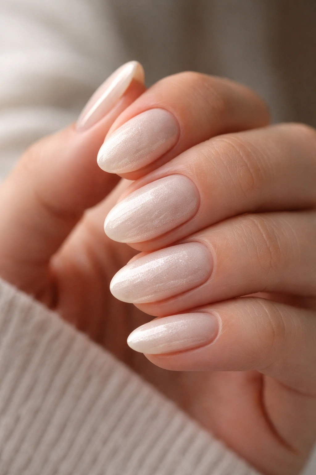 Soft almond nails with white chrome dust creating a pearly satin finish.
