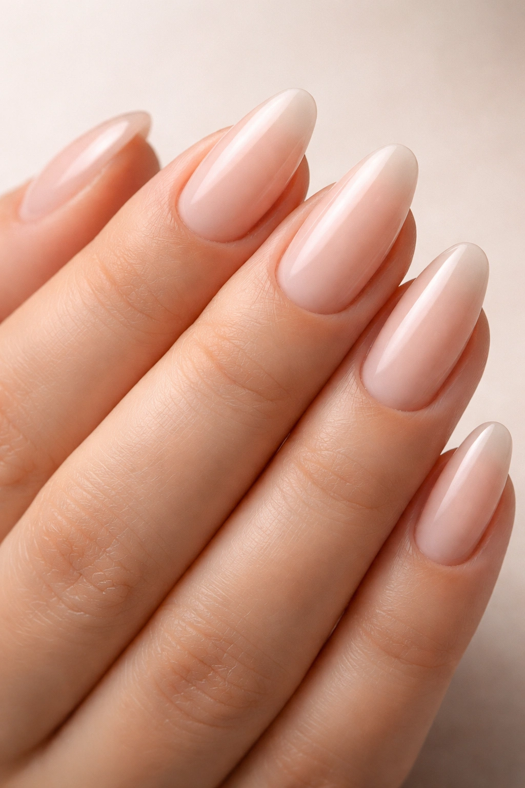 Close-up of soft almond nails with tapered sides and rounded tips on a clean hand