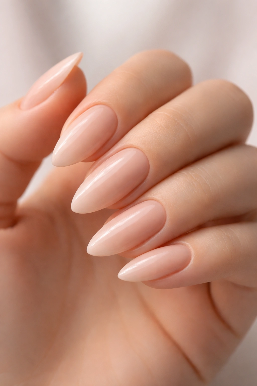 Close-up of soft almond nude nails