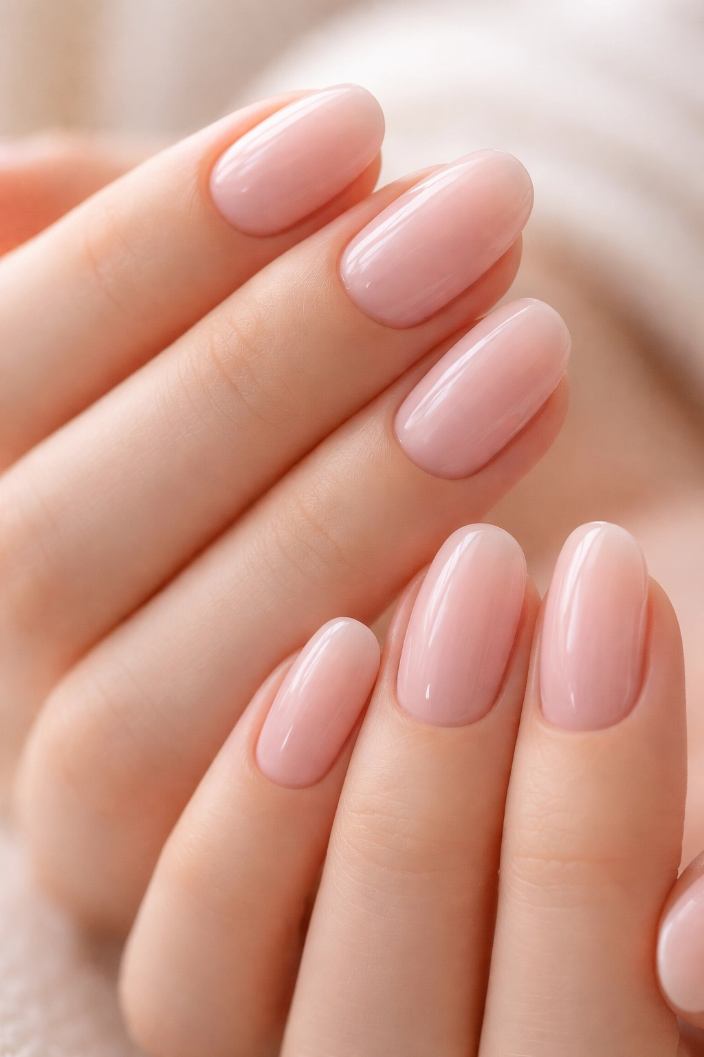 Close-up of nails painted in soft ballet pink with a natural, sheer look.
