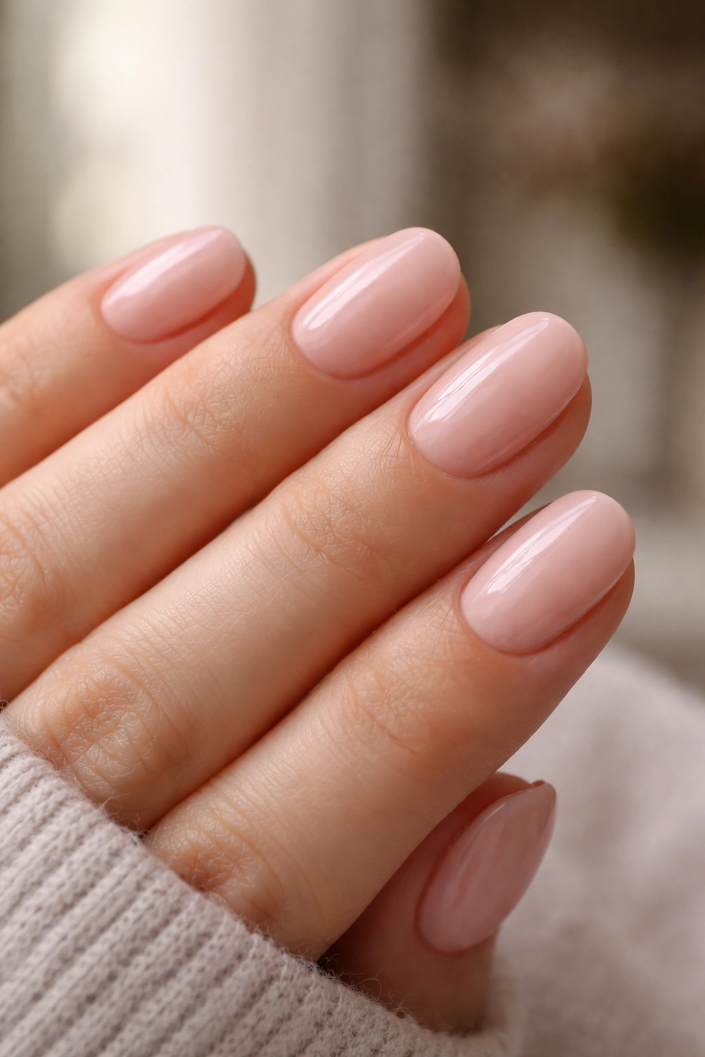 Close-up of short oval nails with ballet pink polish on a neutral background