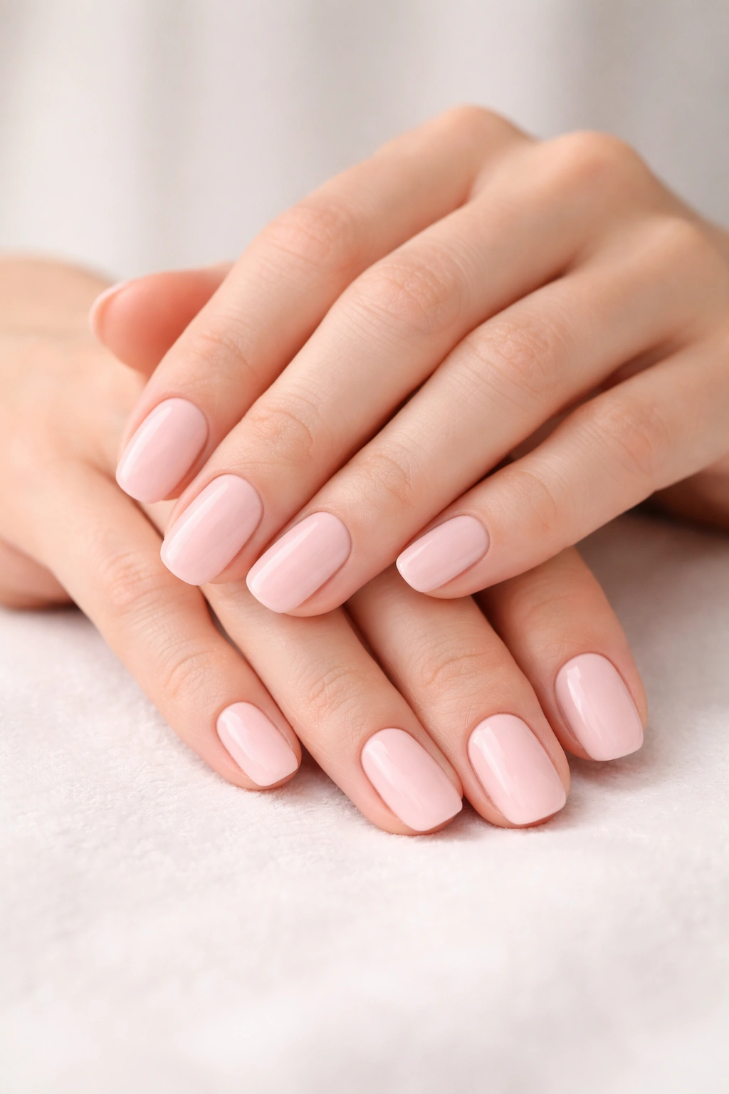 Close-up of hands with soft ballet pink nails and a smooth, natural finish