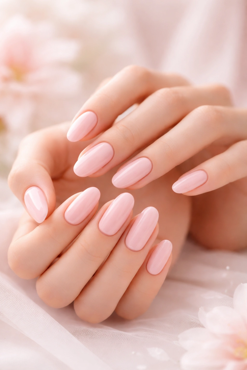 Close-up of soft ballet pink nails on delicate hands