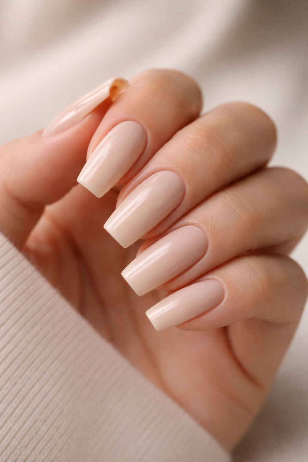 Soft beige cream nails on medium-length ballerina tips with a clean edge