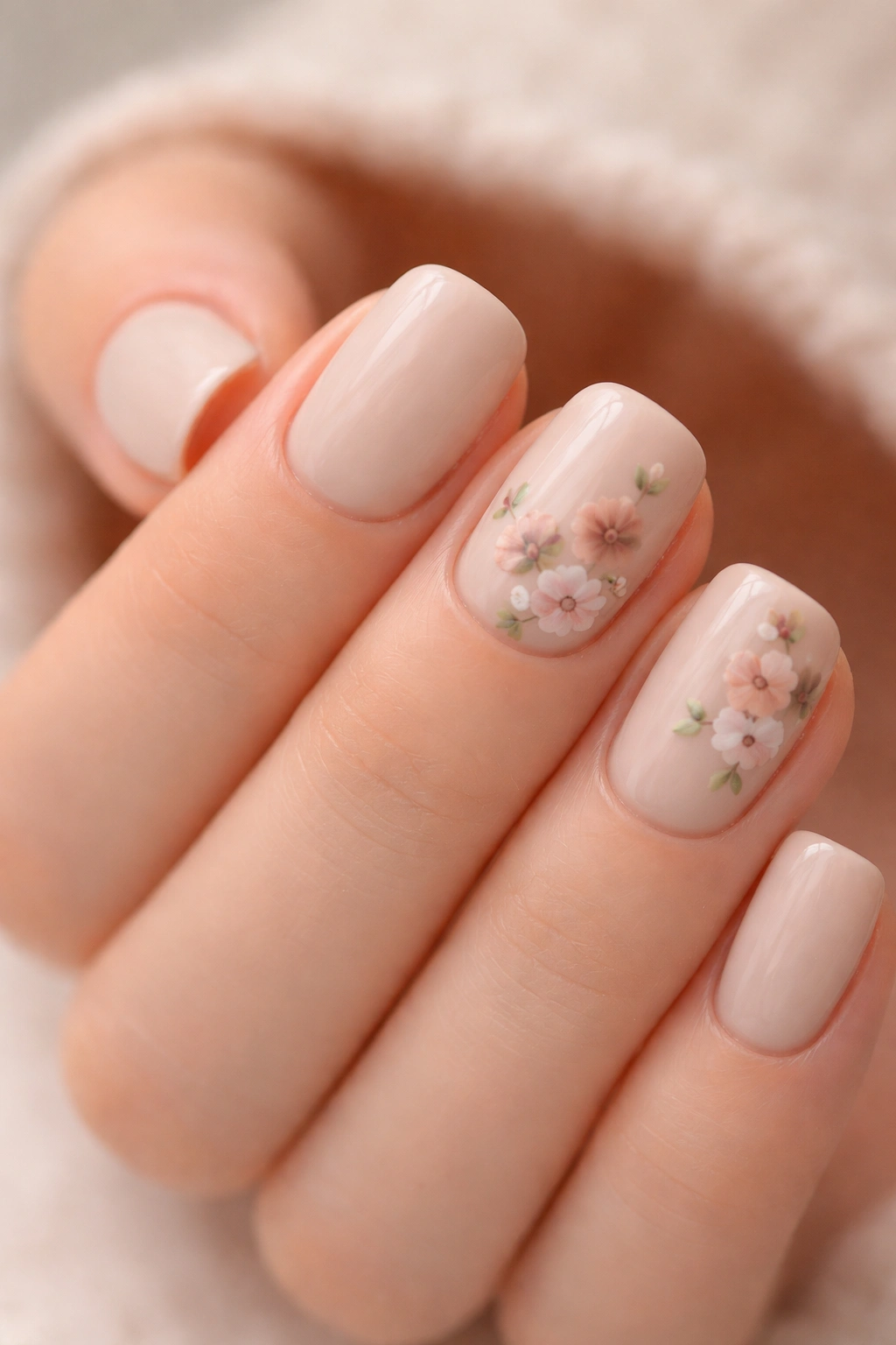Close-up of beige nails with tiny hand-painted floral accents