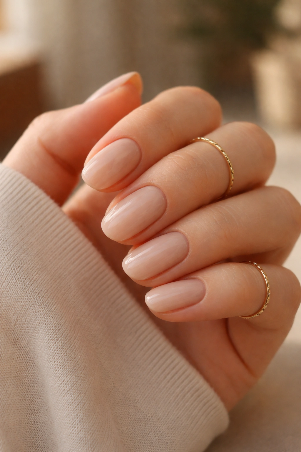 Close-up of soft beige gloss oval nails on a hand