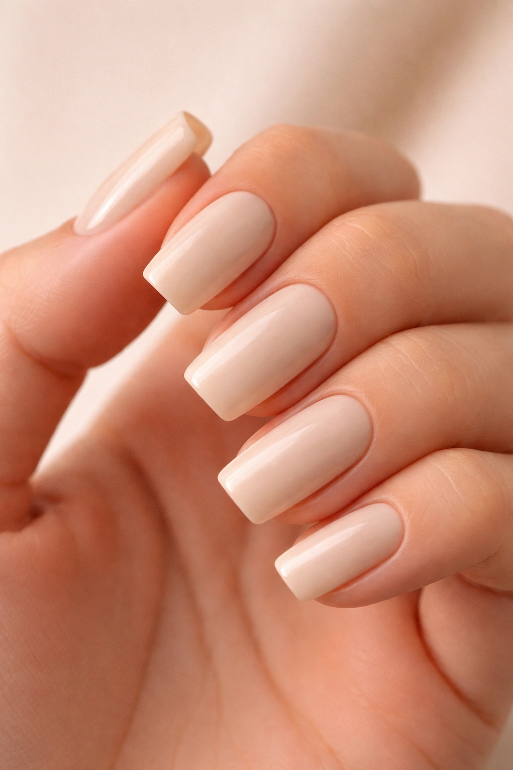 Close-up of soft beige square nails on a hand with creamy neutral tone