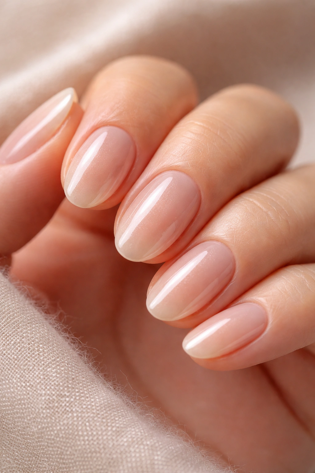 Close-up of short oval nails with soft beige glaze and mirror glow