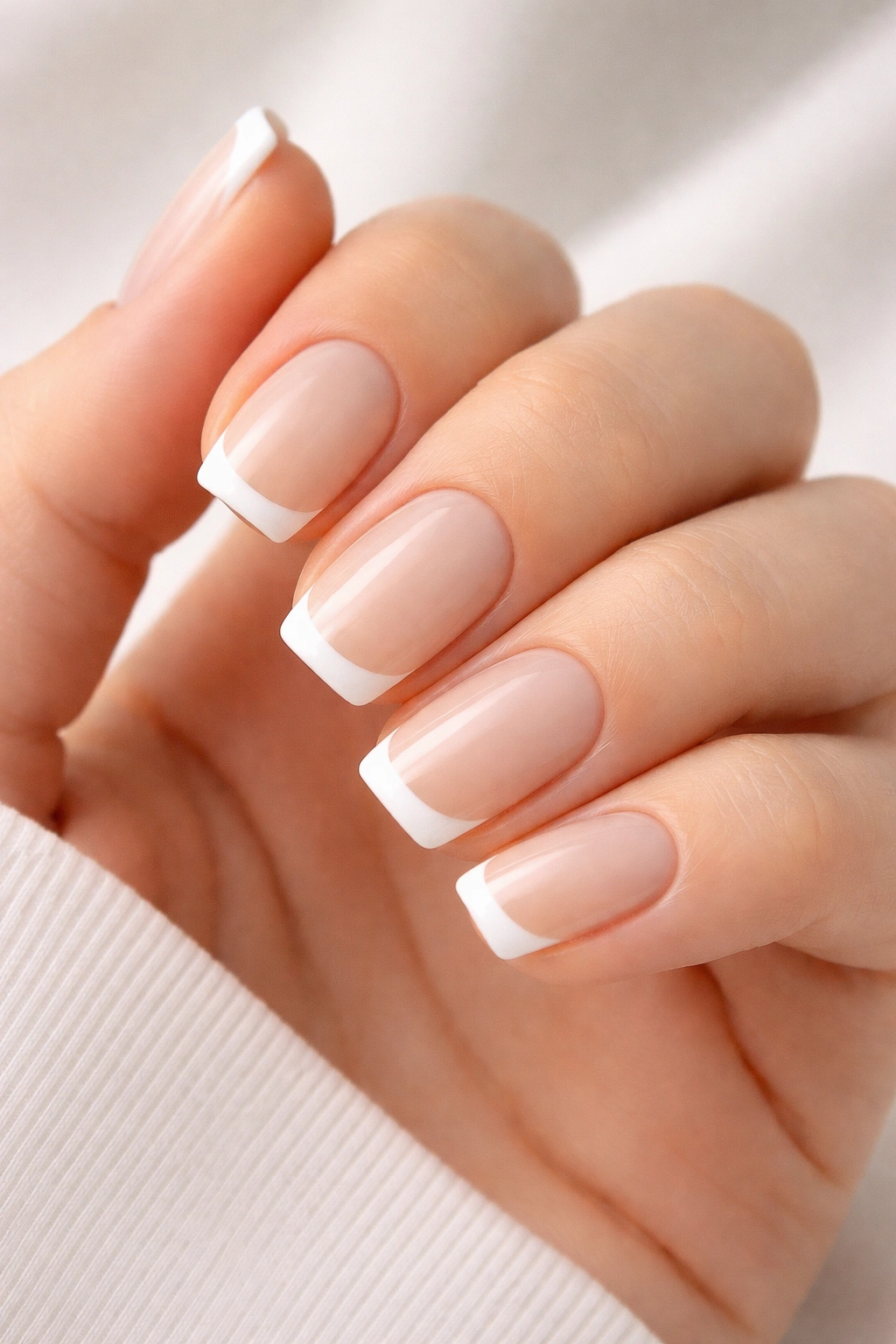 Close-up of soft beige nails with white French tips