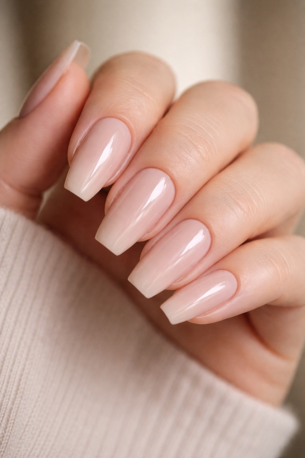 Soft beige nude ballerina nails with glossy finish