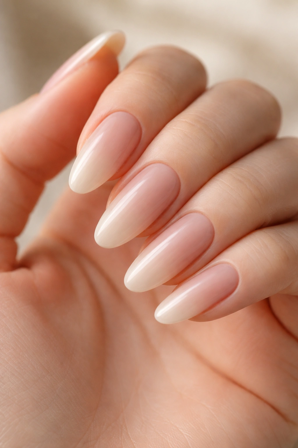 Close-up of tapered oval nails with soft beige ombré gradient