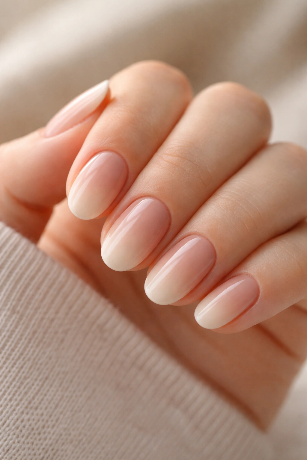 Close-up of short oval nails with a soft beige-to-nude ombre gradient.
