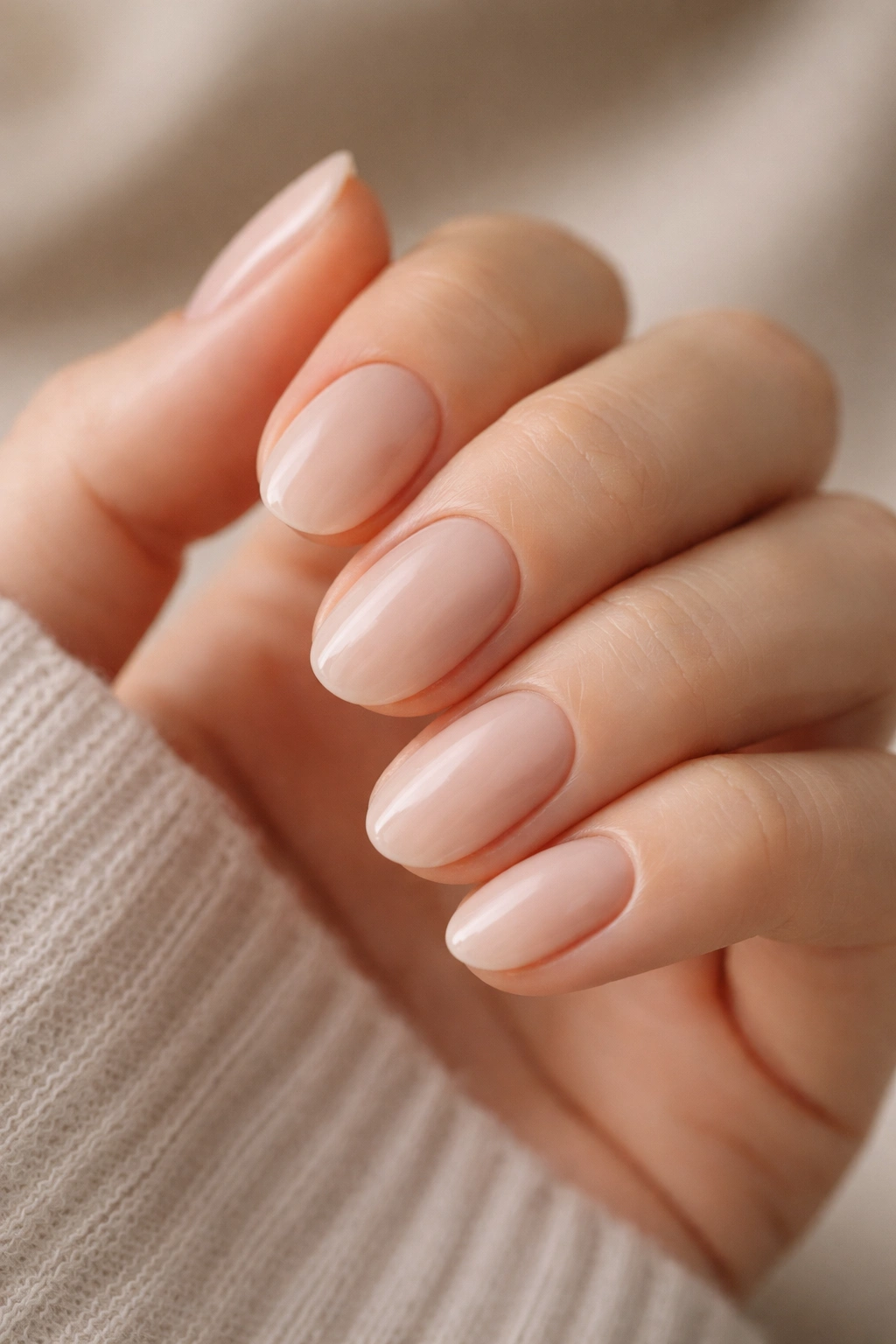 Close-up of short beige oval nails with a soft understated finish