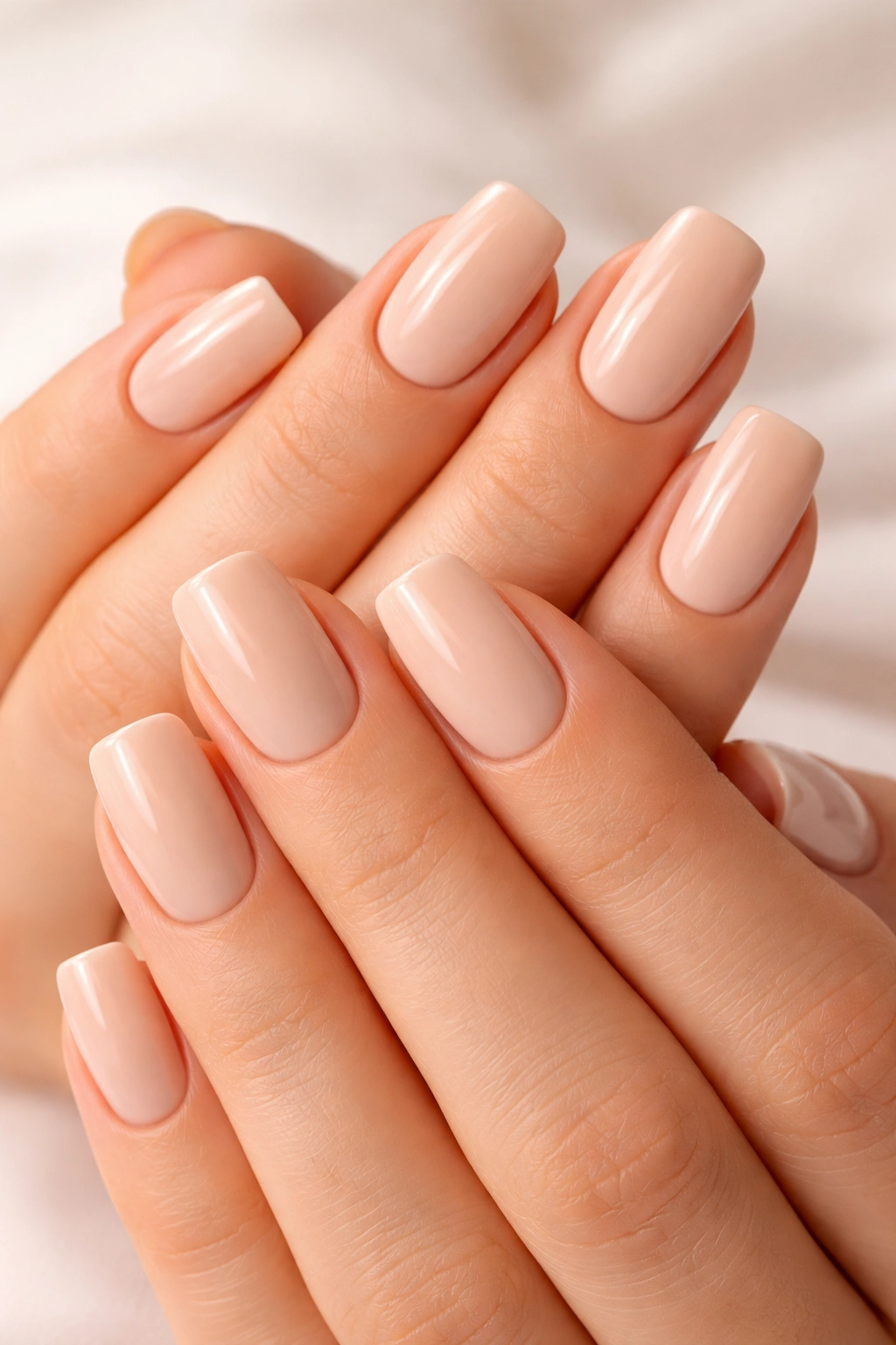 Close-up of soft beige squoval nails on a neutral background