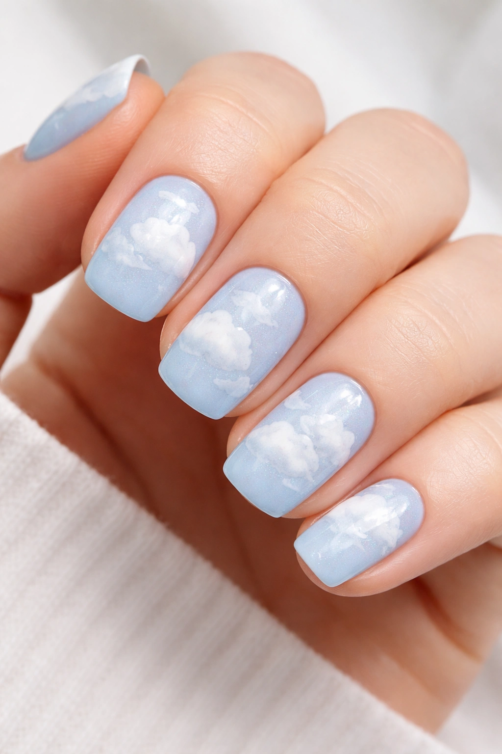 Soft blue squoval nails with white cloud designs