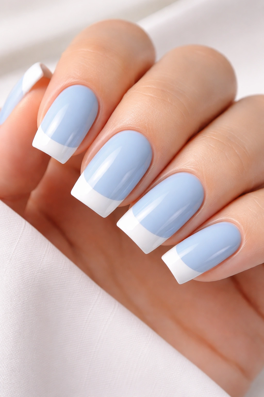 Close-up of square nails with baby blue base and crisp white tips on a neutral backdrop