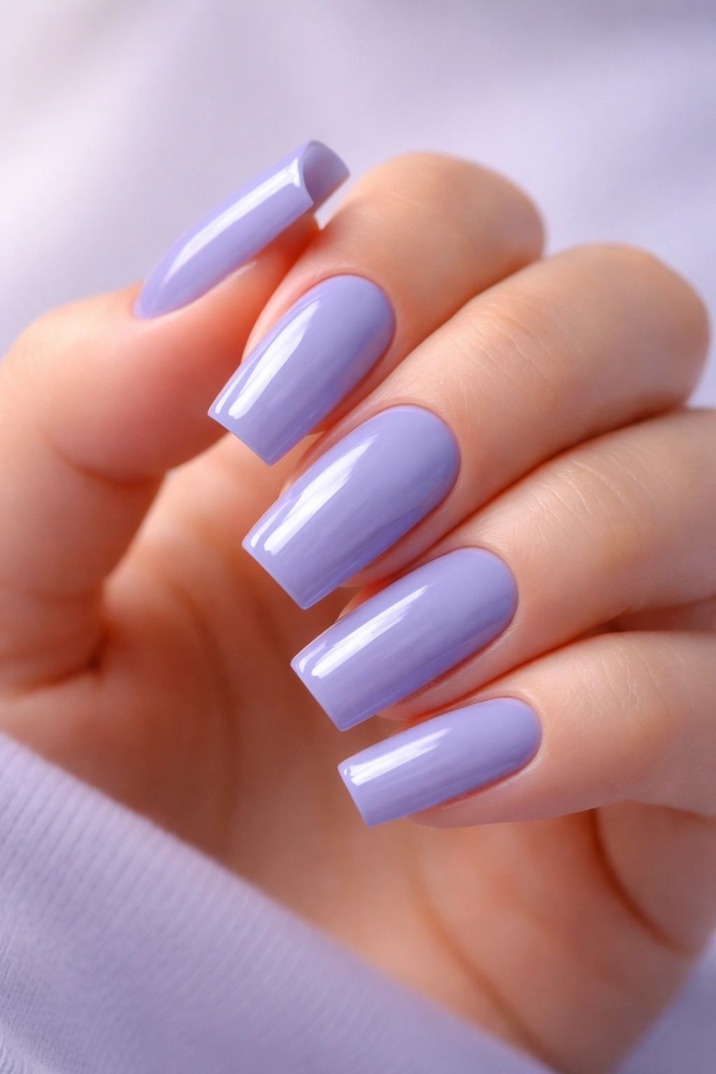 Close-up of square acrylic nails in soft blue-purple shade on a hand