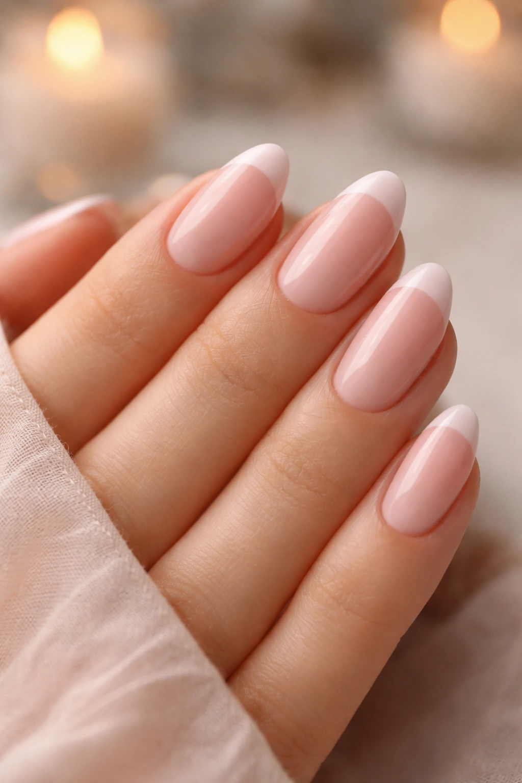 Close-up of short almond nails with soft blush pink French tips on nude base