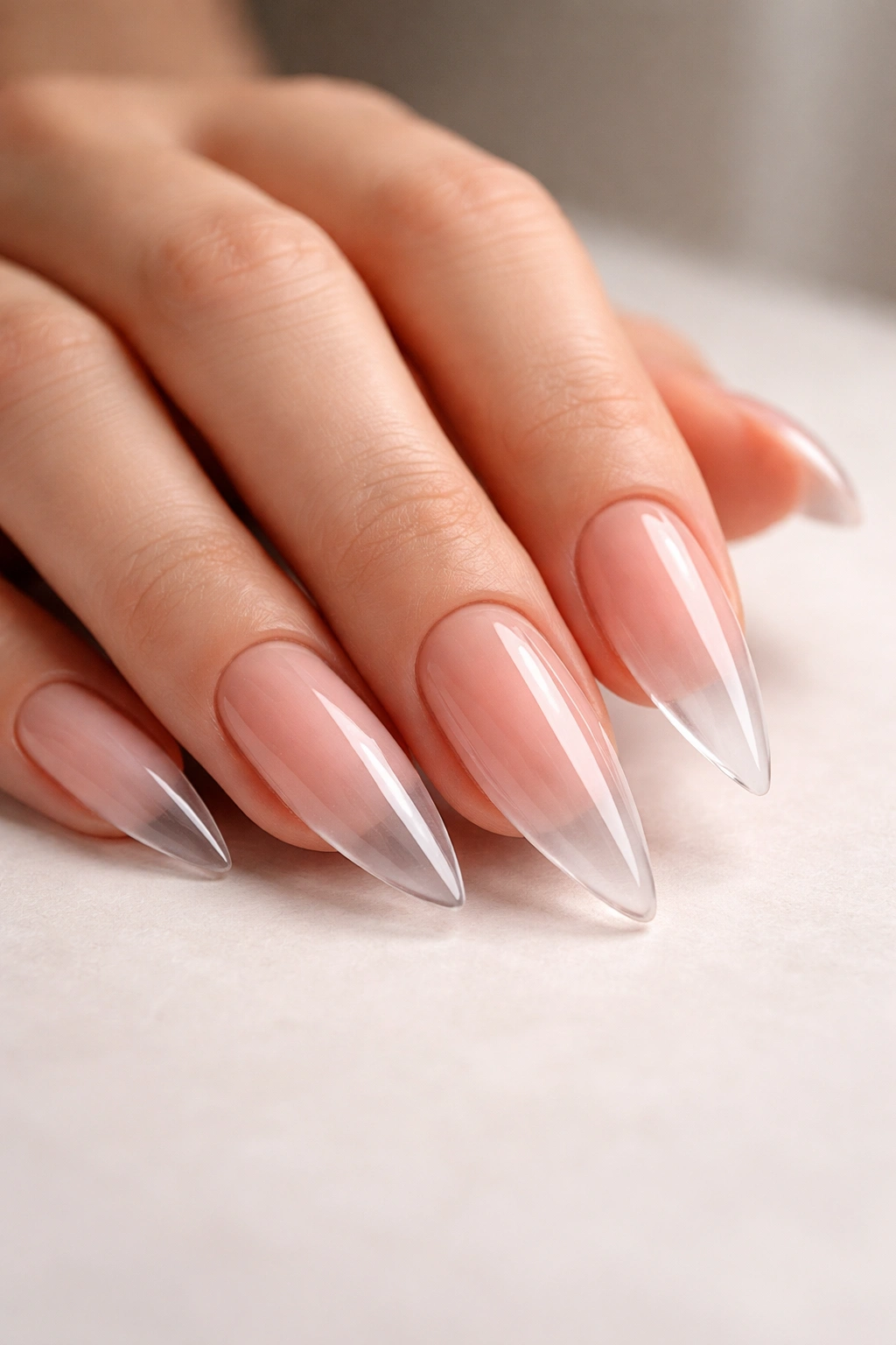 Close-up of medium stiletto nails with a blush-to-clear ombre on a neutral background