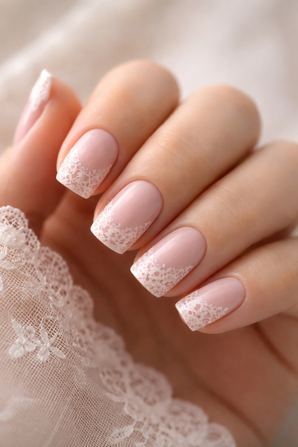Close-up of short squoval nails in soft blush pink with lace detailing on tips