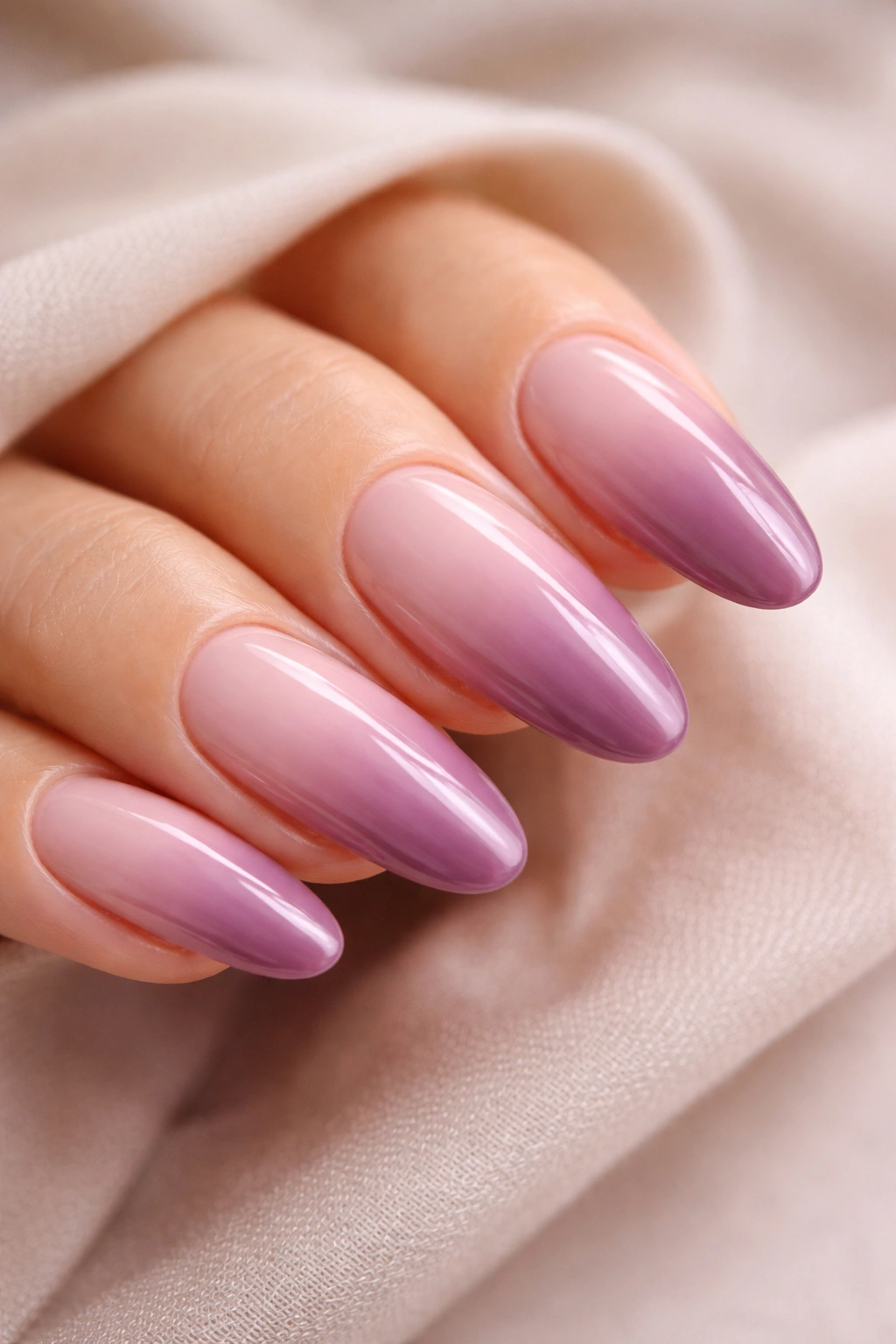 Close-up of long oval nails with a soft blush base and mauve ombre tips