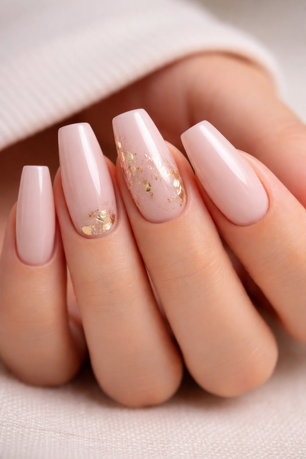 Close-up of pale pink coffin nails with gold leaf accents on a neutral background