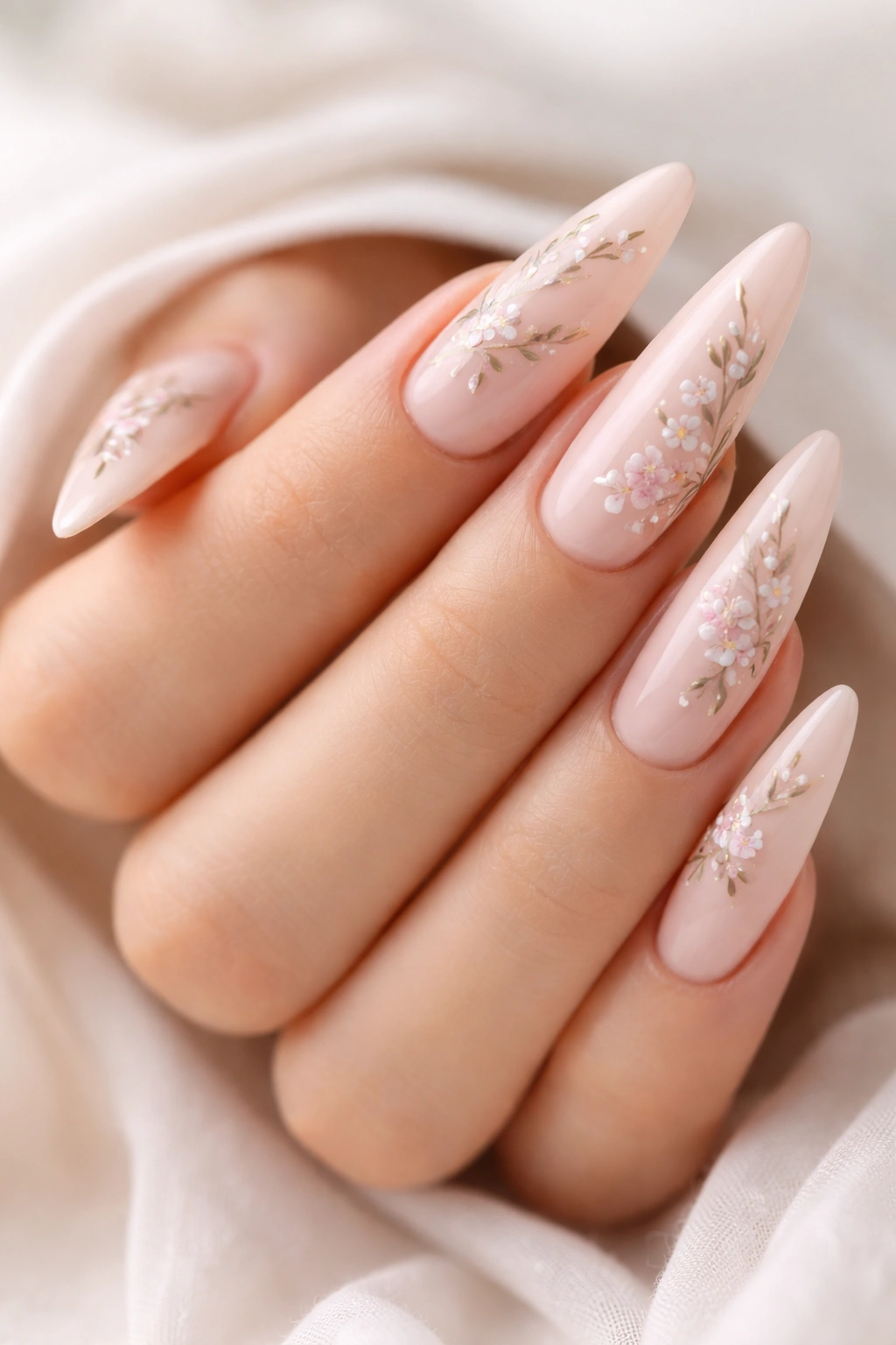 Soft blush nails with hand-painted floral details