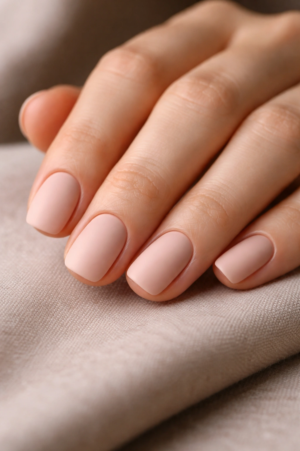Close-up of soft blush matte nails on short squoval shape