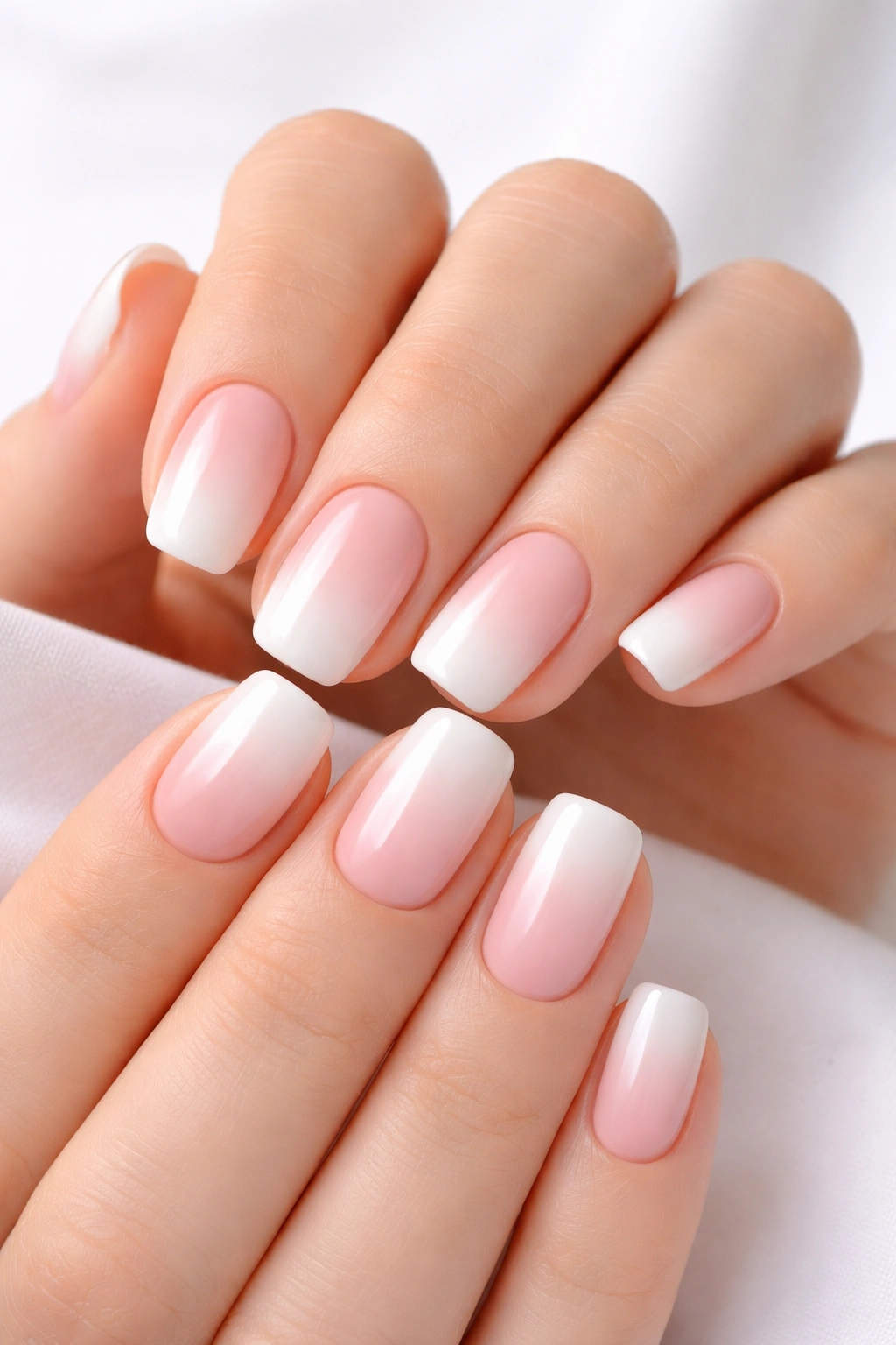 Close-up of short squoval nails with a soft blush to white ombre gradient