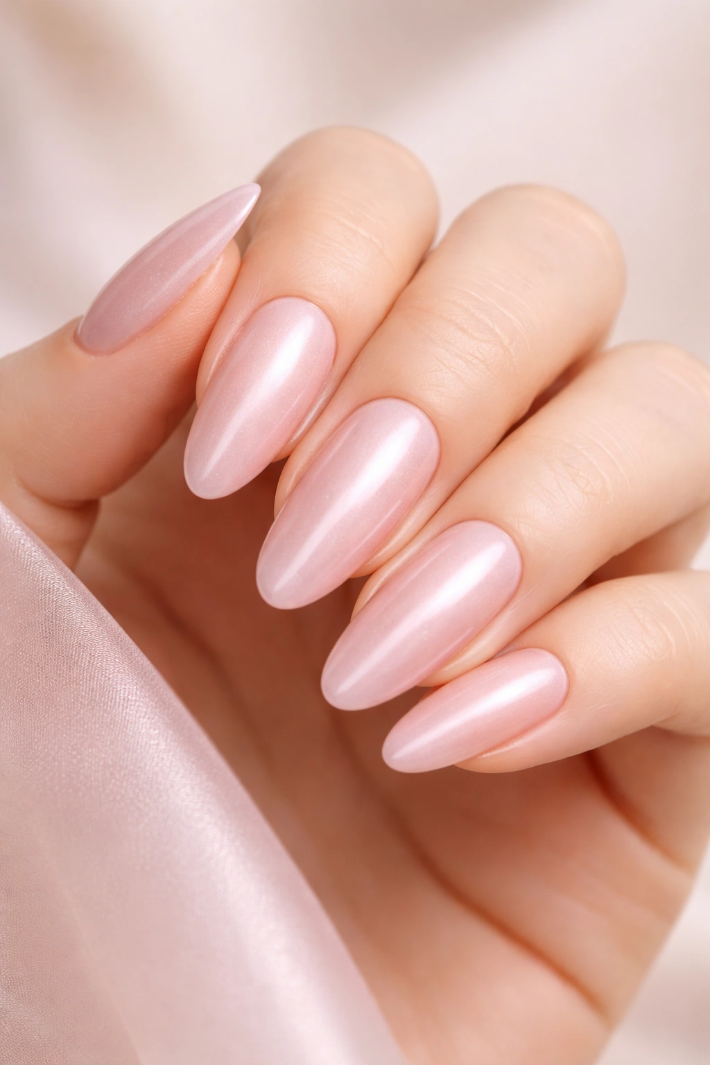Close-up of long oval nails in soft blush pink with pearlescent finish.