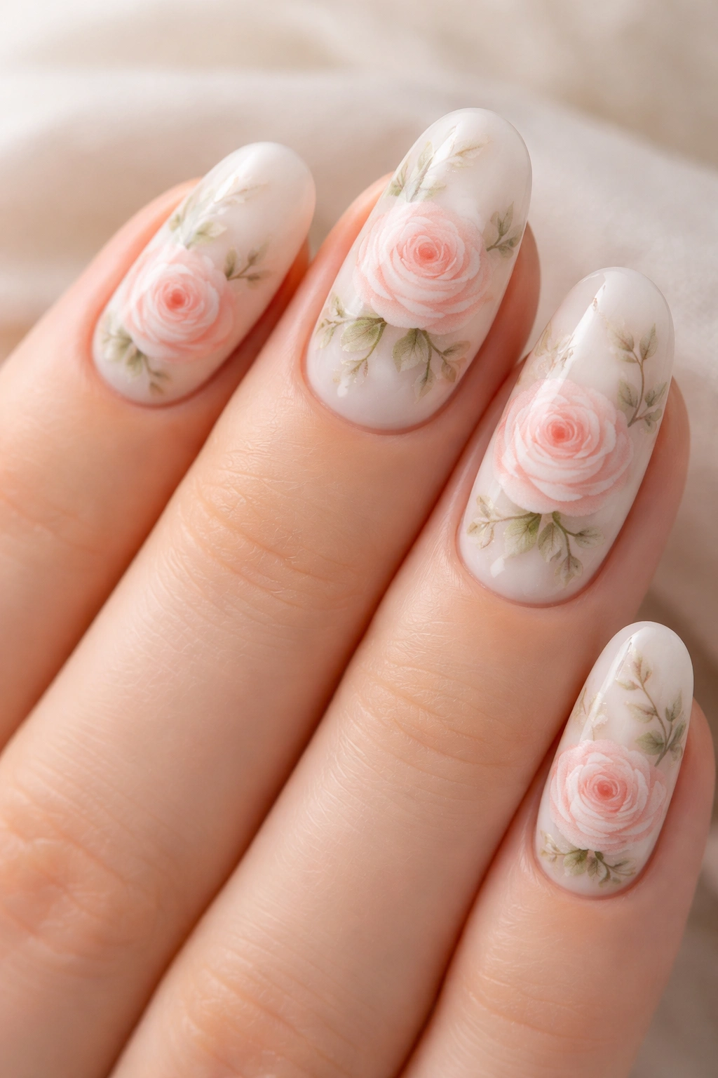 Close-up of soft blush rose garden nail design on a milky base with green leaves